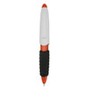 A plastic pen with an orange barrel, white clip, and a black textured grip. It features a logo on the barrel.