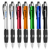A collection of plastic pens in silver, red, orange, green, blue, and black, featuring a logo on each pen.