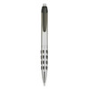 A silver plastic pen with a black grip and a transparent clip, featuring a logo.