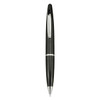A black plastic pen with silver accents and a clip, featuring a sleek design and logo branding.