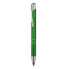 A green plastic pen with a silver clip and accents, featuring a branding logo.
