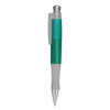 A plastic pen with a green body and silver accents, featuring a clear grip and a clip.