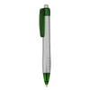 A plastic pen with a green clip and tip, featuring a white barrel and a logo.