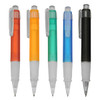 A set of five plastic pens in orange, yellow, green, blue, and black with clear grips and clips.