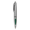 A silver plastic pen with a green grip and a clickable top, featuring a logo on its side.