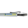 A metal pen in grey with a chrome clip and a logo printed in blue and green.