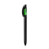 A black metal pen with a green clip, featuring a sleek design and a logo on the body.