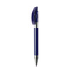 A metal pen in a deep blue colour with a silver tip and a clip. It features a logo on the side.