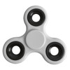 A white budget fidget spinner with black bearing covers, featuring a simple three-pronged design.
