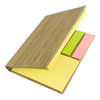 A bamboo sticky note set featuring yellow, pink, and green notes inside a natural bamboo cover.