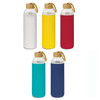 A drink bottle collection featuring glass bottles with neoprene sleeves in white, yellow, red, teal, and navy, each with a bamboo lid.