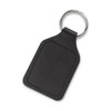 A square black leather key ring with a metal keychain attachment and decorative stitching.