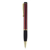 A metallic pen in red with gold accents and a black grip, featuring a clickable top and a logo.