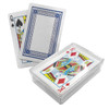 A set of playing cards in a clear box, featuring a King of Diamonds and a Queen of Spades design.