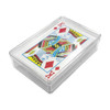 A clear box containing a deck of playing cards featuring a red and blue King of Diamonds design.