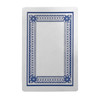 A classic playing card featuring a detailed blue border on a white background, with a logo on the back.