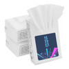 A pack of white tissues with an attractive design, featuring a logo and information on the packaging.