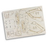 A wooden model kit featuring parts for an excavator, with detailed engravings on a light wood base.