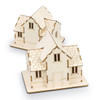 Two wooden model houses with intricate details, featuring a light wood colour and a base for display.