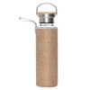 A drink bottle with a stainless steel top, wooden lid, and a textured beige fabric cover. It features a handle and a strap.