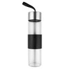 A drink bottle with a transparent body, black silicone grip, and a stainless steel lid. It has a carrying strap.