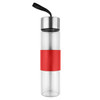 A drink bottle with a clear body, silver cap, and a red silicone grip band. It features a carrying strap.