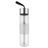 A drink bottle made of clear glass with a silver stainless steel cap and a grey silicone sleeve.