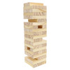 A large Jenga set made of light wood blocks, stacked vertically in a tower formation.