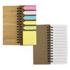 A bamboo sticky note pad features various coloured sticky notes in pink, blue, green, and yellow, with a spiral binding.