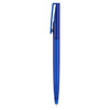 A blue plastic pen with a clip and a clear barrel. The pen features a branding logo on its surface.