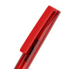 A red plastic pen with a clip and a smooth finish, featuring branding on the body.