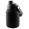 A drink bottle in matte black, featuring a sturdy handle and a screw cap, with a logo on the side.