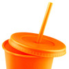 An orange drink mug with a lid and a straw, made from plastic. It features a simple design.