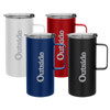 A travel mug collection featuring blue, red, black, and white colours, each with a handle and a lid.
