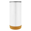 A travel mug with a sleek white body and a cork base, featuring a silver lid and a branding logo.