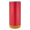 A travel mug featuring a red body with a cork base and a silver lid, displaying a logo.