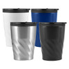 A collection of four coffee mugs in white, blue, stainless steel, and black, featuring a twist design and lids.