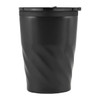 A black twist mug with a matte finish and a lid, featuring a textured, wavy design. It has a logo on it.