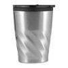 A stainless steel coffee mug with a twisted design and a black lid. It features a logo on the surface.