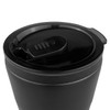 A coffee mug in matte black with a secured lid featuring a sliding closure. Includes a logo on the surface.