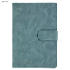 A light blue notebook with a textured cover and a simple closure. It features a logo on the front.