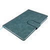 A teal notebook with a textured cover, featuring a secure clasp and a ribbon bookmark.
