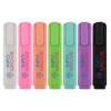 A collection of eight highlighters in various colours: pink, orange, mint green, light green, blue, purple, black, and white. Each has a logo.