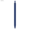 A dark blue plastic pen featuring a sleek design and a branding logo.