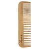 A bamboo comb with wide and fine teeth, featuring a logo on one side. The comb has a natural wood finish.
