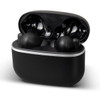 A pair of black wireless earbuds in a sleek black charging case, featuring a minimalistic design and branding.