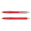 A metal pen in vibrant red with silver accents and a logo, featuring a sleek design and retractable tip.