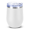 A drink bottle with a white ceramic exterior and a clear lid, featuring a stainless steel band.