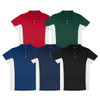 Five TRENDSWEAR Harvey men's polo shirts in red, green, blue, black, and navy, featuring white side panels and a logo.