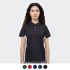A black women's polo shirt with a contrasting design, featuring a logo on the chest area. Available in various colours.